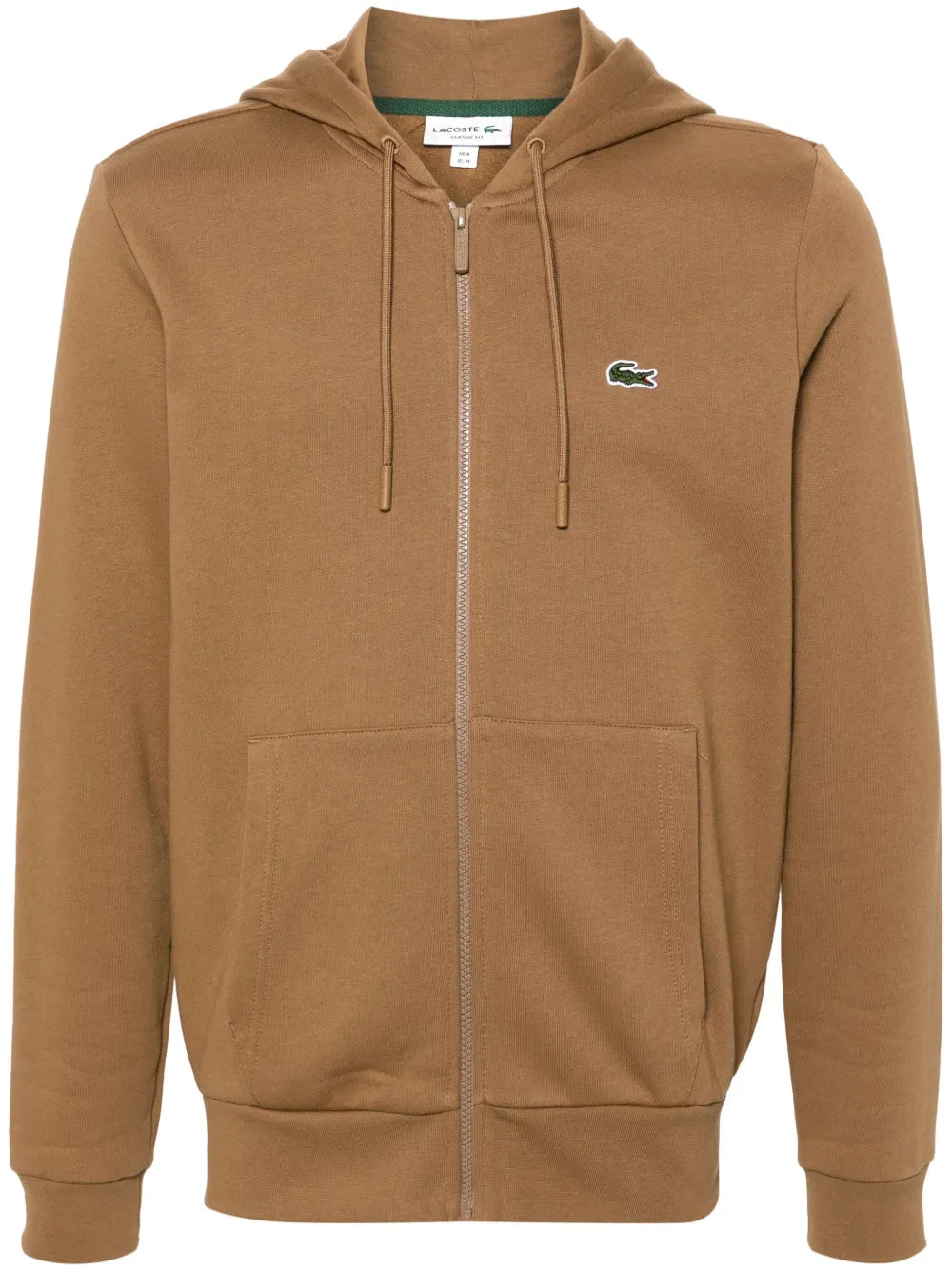 Casaco castanho de capuz com zíper e logo