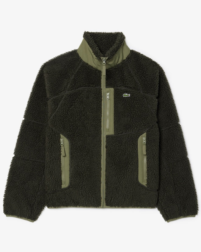 Casaco de lã com zíper e blocos de cores