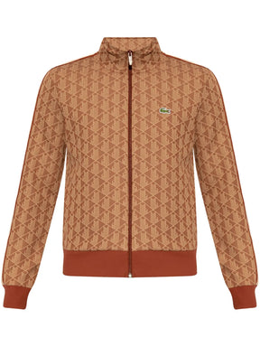 Cardigan castanho avermelhado com padronagem monogramada