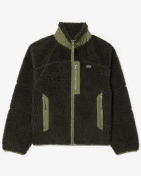 Casaco de lã com zíper e blocos de cores